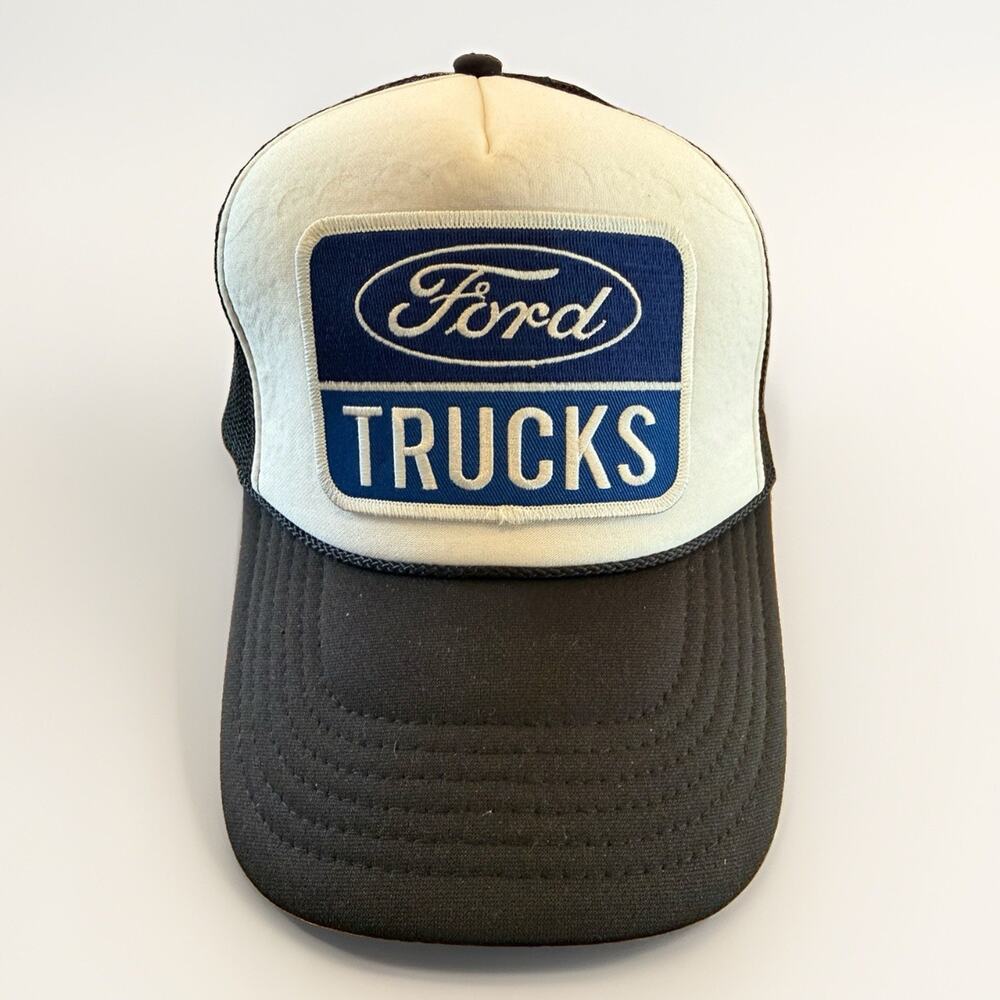 Otto Mens Ford Patch White Blue Foam Mesh Rope Adjustable SnapBack Trucker Hat